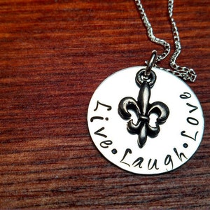 Hand stamped-Live, Laugh, Love-sterling silver necklace-inspirational gift-Fleur de lis necklace-live laugh love