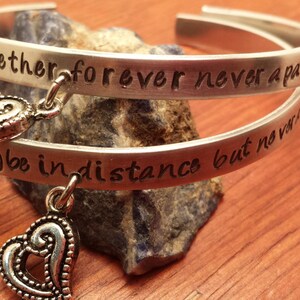 Together forever never apart aluminum bracelet cuff set, Best friends gift, love at a distance, going away gift, BFF present Hand stamped