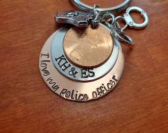 Police Officer penny key chain, Hand Stamped Personalized gift for Law Enforcement