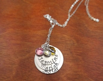 Mom sterling silver birthstone necklace, Kid's names custom Mother's day present, stacked Mother's necklace