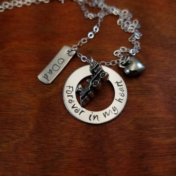 Railroad memorial necklace, train jewelry, Train always in my heart, Hand stamped personalized