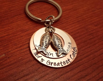 Dad's greatest catch, Father's day gift, Dad's gift. Dad's fishing keychain, Personalized dad gift, fathers day, Hand stamped key chain