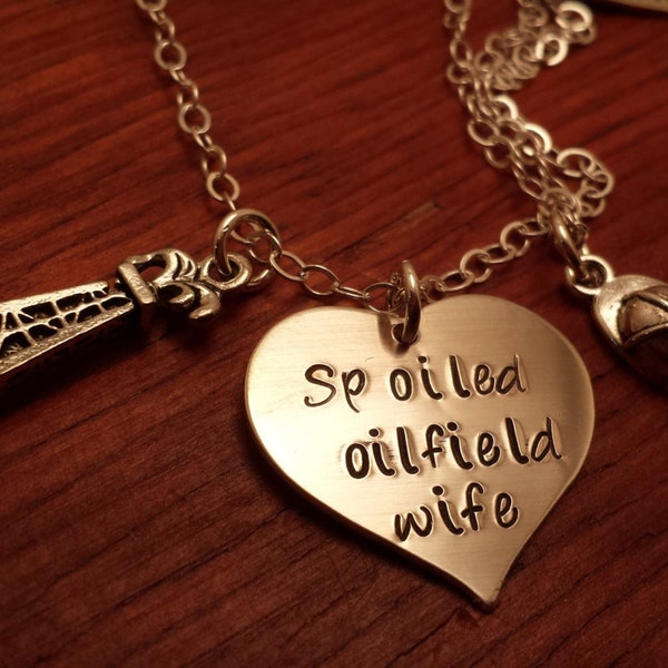 Spoiled oilfield wife necklace, Oilfield wife gift, On a rig, Oilfield wife jewelry, Hand stamped heart shaped oilfield necklace