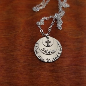 I love you to God & back Sterling silver Christian necklace , cross Religious gift, confirmation, baptism jewelry, Personalized Hand Stamped