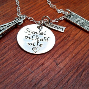 Spoiled oilfield wife necklace, Oilfield wife necklace, Oilfield wife gift, Oilfield life, Derrick necklace, Hand stamped personalized