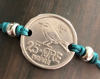 Vintage 25 Ore Norway Bird Coin Bracelet / Chickadee Bird  /Reversible / Adjustable Cording / one size fits all