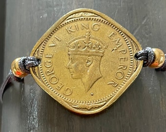 Vintage 1943 India Coin Bracelet /  King George VI / Jewelry / Rhombus /  Gift / Rupee /  Adjustable / Reversible /  One Size