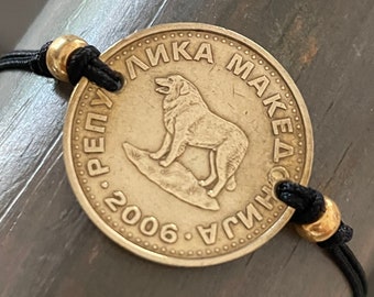 Macedonia Sheep Dog Coin Bracelet / 1 Denar / 2006 /Reversible/ Adjustable Cording / one size fits all