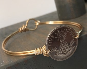 Pineapple Bracelet, Bahamas coin, wire clasp, nautical   - QTY 1