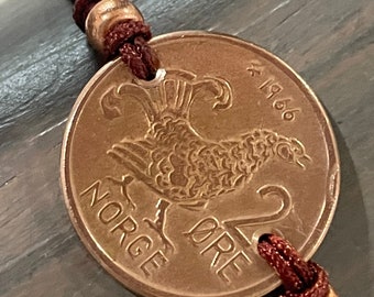 Vintage 2 Ore Norway Norse  Bird Gamebird Hen Grouse Chicken Coin Bracelet / Crown Olav V  bracelet /Reversible/ Adjustable Cording