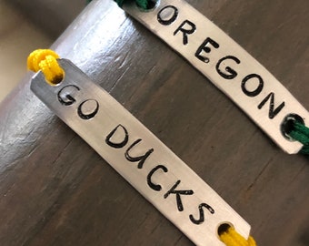 Go Ducks /  Oregon Hand stamped bar / Adjustable Dainty Cording