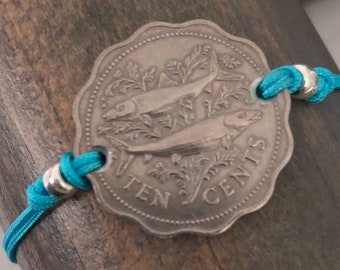 Scalloped Bahamas fish / Pisces Coin Adjustable Cording Bracelet / Reversible / One size fits all - Qty 1