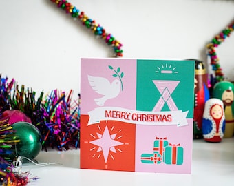 Cartão de Natal com estampa do Presépio, luxuoso, de alta qualidade, colorido e com um toque retrô.