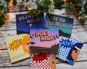 Pacote com 6 cartões de Natal com versículos bíblicos, presépio e arte pop.