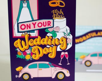 Illustrated Wedding Day Card: Fun Colorful Wedding Dress Design