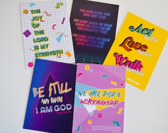 Set of 5 Postcards -  colourful Bible verse postcards, Scripture postcards, encouragement, bold colourful pop art 80s 90sGod is with you.