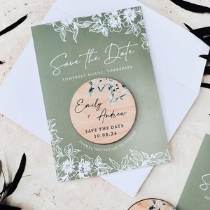 Save the Date Magnet with Cards | Sage Green Save the Date Wedding Magnets | Personalised Wood Save the Date or Evening | Botanical Invites