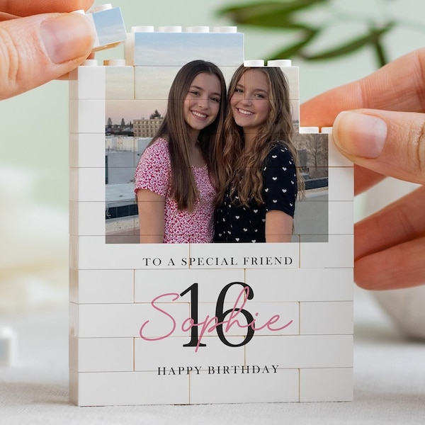 女の子へのパーソナライズされたスイートシックスティーンギフト、16歳の誕生日フォトビルディングブロック、娘へのカスタム記念品
