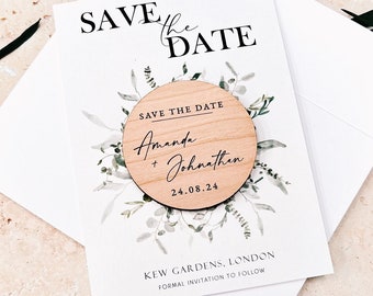 Save the Dates Magnet with Cards | Greenery Botanical Wedding Magnets | Wood Save the Date or Evening | Custom Save our Dates Invitations