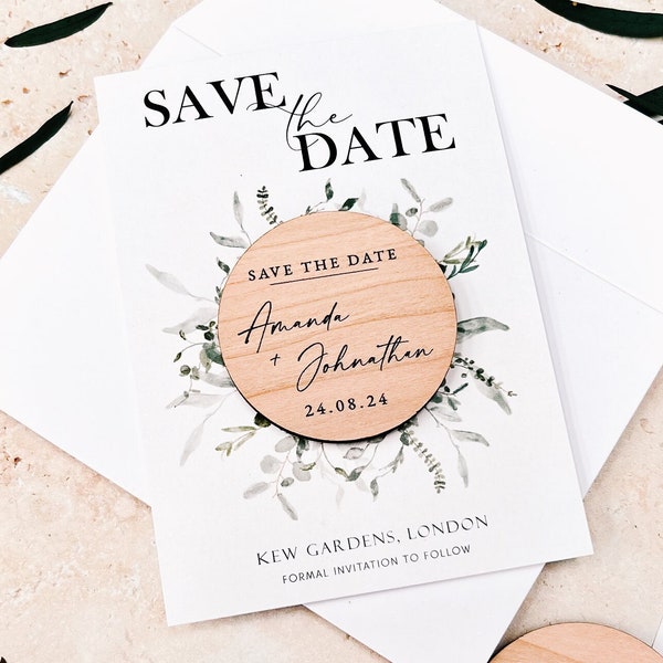 Save the Dates Magnet with Cards | Greenery Botanical Wedding Magnets | Wood Save the Date or Evening | Custom Save our Dates Invitations