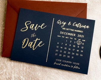 Save the Date Foil Calendar Cards Navy Blue, Modern Wedding Postcard Invites Real Foil Invitations, Custom Save the Dates - FREE envelopes