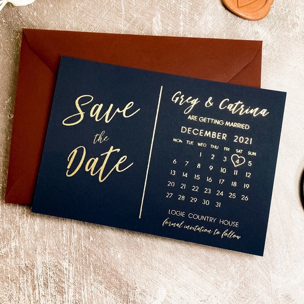 Save the Date Foil Calendar Cards Navy Blue, Modern Wedding Postcard Invites Real Foil Invitations, Custom Save the Dates - FREE envelopes