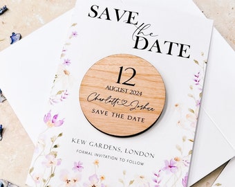 Save the Date Magnet with Cards | Wildflower Floral Wedding Magnets | Rustic Wood Save the Date or Evening | Modern Save the Dates Invites