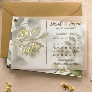 Foil Save the Date Calendar Vellum with Botanical Backing Card, Minimalist Save the Date Cards, Simple Foiled Wedding Invitation Invites