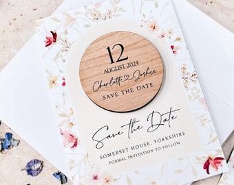 Save the Date Magnets with Floral Cards | Wedding Magnets Save our Date Invites | Custom Wood Rustic Winter Wedding Invitation Announcement