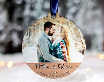 First Christmas Engaged Ornaments, Personalised Engagement Gift, Couple Christmas Decorations, Photo Bauble Wood Mr And Mrs Ornament 2023