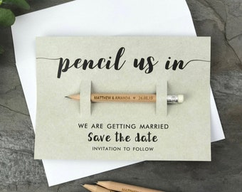 Pencil Us In Save the Date Cards | Personalised Wedding Invitations | Save the Dates Magnet Invites with Envelopes | Rustic Minimalist