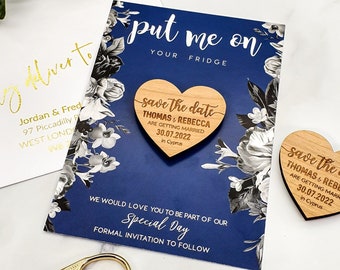 Save the Date Magnet + Cards, Rustic Wedding Wood Heart, Personalised Wedding Invites Custom Save the Dates with Envelope / Navy Blue Floral