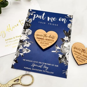 Save the Date Magnet + Cards, Rustic Wedding Wood Heart, Personalised Wedding Invites Custom Save the Dates with Envelope / Navy Blue Floral