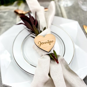 Wedding Place Names, Wood Place Cards, Wooden Place Setting, Wedding Favour, Wedding Table Decor, Laser Cut Heart with Guest Names Engraved image 1