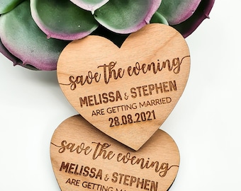 Wedding Save The Evening Magnet, Personalised Save the Dates, Rustic Wedding Invites, Wooden Save The Date, Wood Heart Custom.