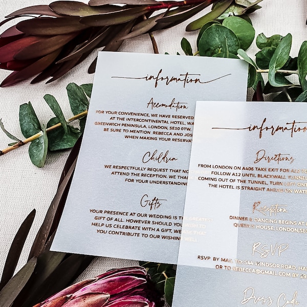 Foil Vellum Information Cards, Wedding Details Card, Wedding Info Card, Rose Gold Vellum Invitations, Wishing Well Card, Matching Invite Set