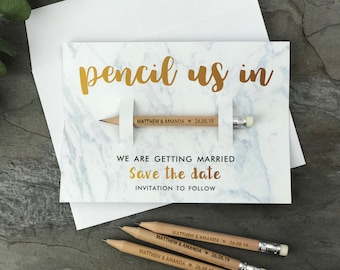 Pencil Us In Save the Date Invites | Rustic Wedding Invitations with Cards, Wooden Save the Dates, Custom Personalised Wedding Modern Magnet