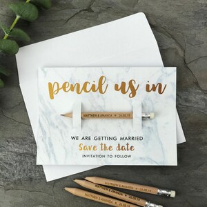 Pencil Us In Save the Date Invites Rustic Wedding Invitations with Cards, Wooden Save the Dates, Custom Personalised Wedding Modern Magnet image 1