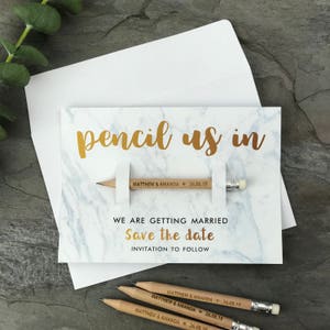 Pencil Us In Wedding Invitations Rustic Save The Date Cards, Personalised Custom Engraved Pencils Favour, Wedding Gift, Boho Wedding image 4