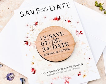 Save the Date Magnet with Cards | Personalised Wedding Magnets | Floral Wood Save the Date or Evening | Boho Cheap Save the Dates Invites