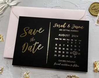 Foil Save the Dates Calendar, Minimalistic Save the Date Black Cards, Foiled Wedding Invitations, Gold, Rose Gold, Silver Foil, Envelopes