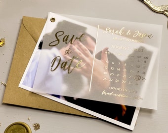 Photo Save the Date Calendar, Foiled Vellum with Backing Card, Minimalist Foil Save the Date Cards, Simple Modern Wedding Invitation Invites