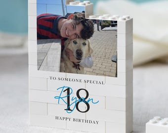 Personalised 18th Birthday Gifts for Him, Photo Building Block Keepsake for Son or Boy, Milestone Birthday Memory Gift
