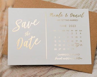Foil Save the Date Calendar Cards, Modern Wedding Invites Invitations, (Gold, Rose Gold, Silver Foil) Custom Save the Dates - FREE Envelopes