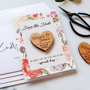 Wedding Save the Dates Magnet Cards, Rustic Wooden Save the Date, Personalised Save the Evening, Wedding Invite with FREE Envelope, Floral image 2