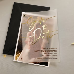 Foil Save the Date Vellum with Photo Backing Card, Minimalist Save the Date Cards, Simple Modern Foiled Wedding Invitation, FREE Envelopes