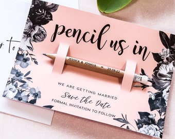 Save the Date Pencil Us In Wedding Invites Cards, Rustic Wood Engraved Pencils, Personalised Save the Dates with FREE Envelope - Floral Pink