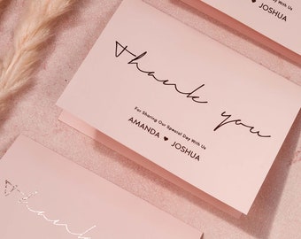 Tarjetas de agradecimiento de boda con lámina de oro rosa personalizada, paquete múltiple de tarjetas de nota de boda + sobres, invitaciones de regalo de lámina de tarjeta de boda para damas de honor