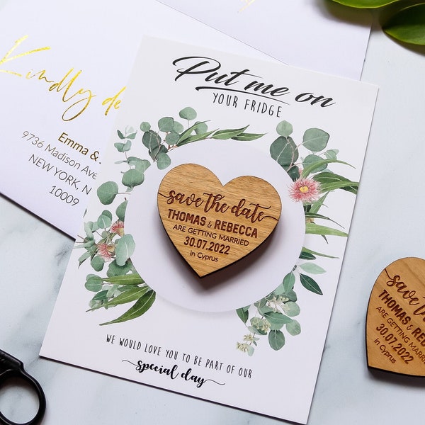 Save the Date Magnet + Cards, rustic wedding wood heart with unique funny message option, custom save the dates idea with Envelope Botanical
