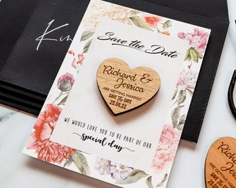 Save the Date Magnet + Cards, Rustic Wood Wedding Invites Invitation, Personalised Custom Save the Dates Ideas with FREE Envelopes, Floral